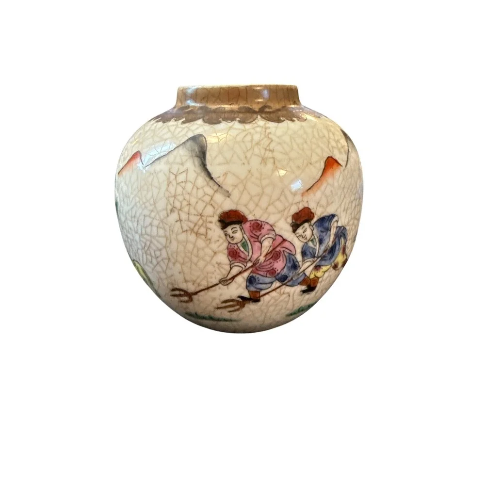 Vintage Chinese Crackle Glaze Ginger Jar Vase Hand Painted Figures Multi
